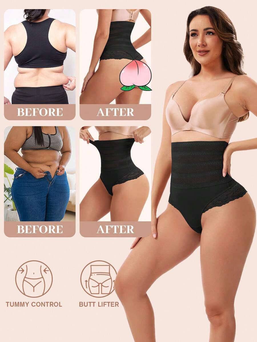 Women's black high waist tummy control shaping thong with contrast lace details and medium compression support.