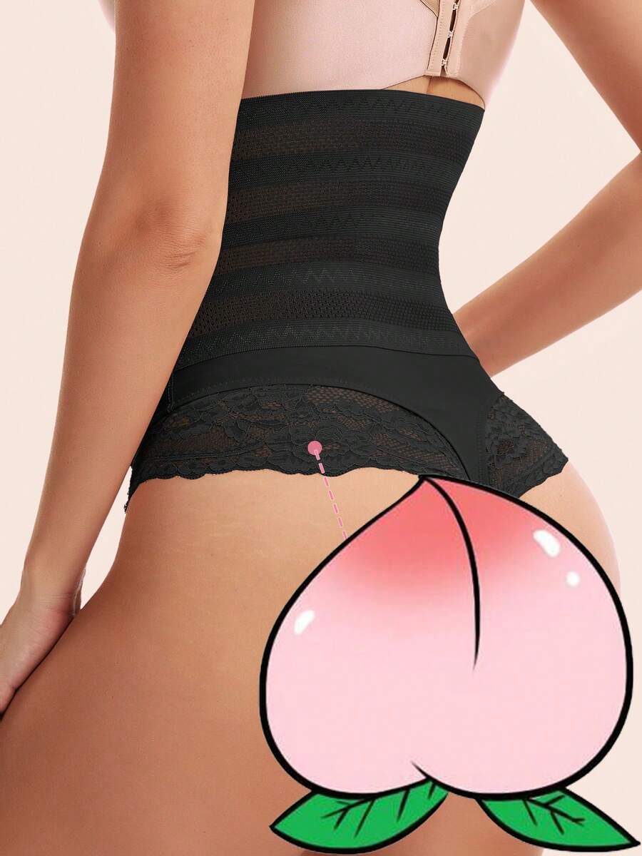 Women's black high waist tummy control shaping thong with contrast lace details and medium compression support.