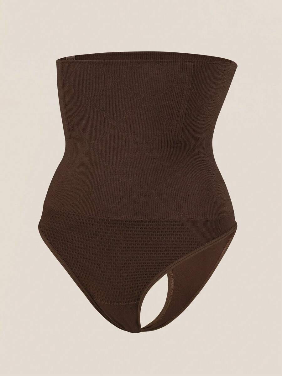Black high waist seamless tummy control panties for women featuring high-stretch knitted fabric and contrast mesh details.