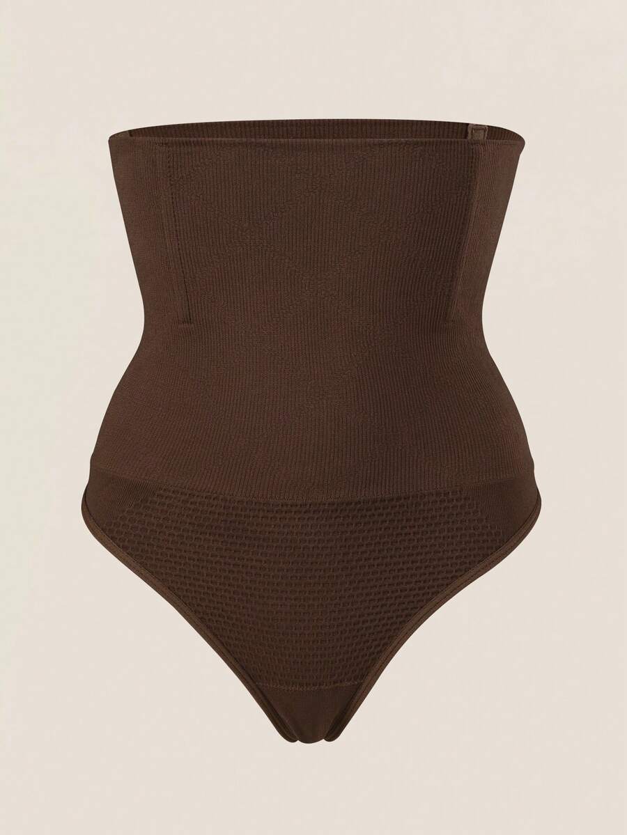 Black high waist seamless tummy control panties for women featuring high-stretch knitted fabric and contrast mesh details.