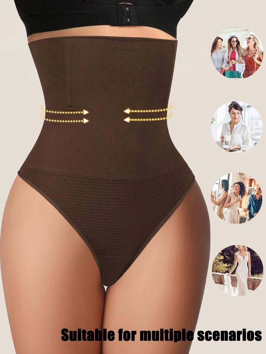 Black high waist seamless tummy control panties for women featuring high-stretch knitted fabric and contrast mesh details.