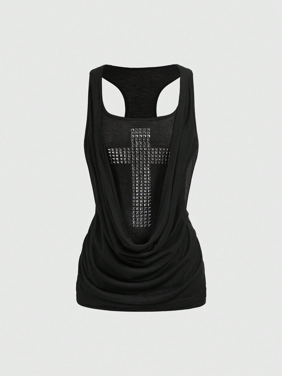 Black draped rhinestone tank top with square neck and ruched detailing on slim fit knitted camisole for women