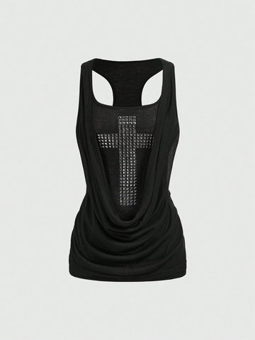 Black draped rhinestone tank top with square neck and ruched detailing on slim fit knitted camisole for women