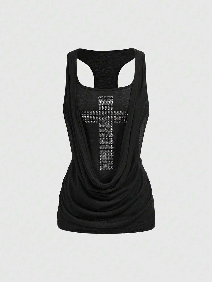 Black draped rhinestone tank top with square neck and ruched detailing on slim fit knitted camisole for women