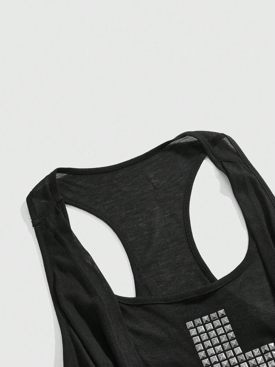 Black draped rhinestone tank top with square neck and ruched detailing on slim fit knitted camisole for women