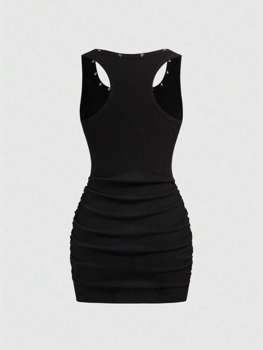 Army green short sleeve ruched bodycon mini dress for women featuring a scoop neckline and slim fit pencil hem.