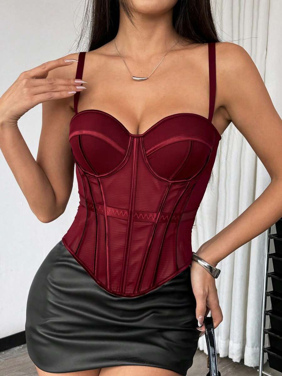 Women's brown backless corset camisole top featuring spaghetti straps, boned structure, and slim fit silhouette.