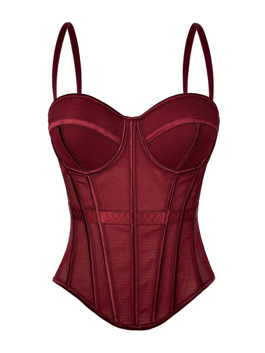 Women's brown backless corset camisole top featuring spaghetti straps, boned structure, and slim fit silhouette.