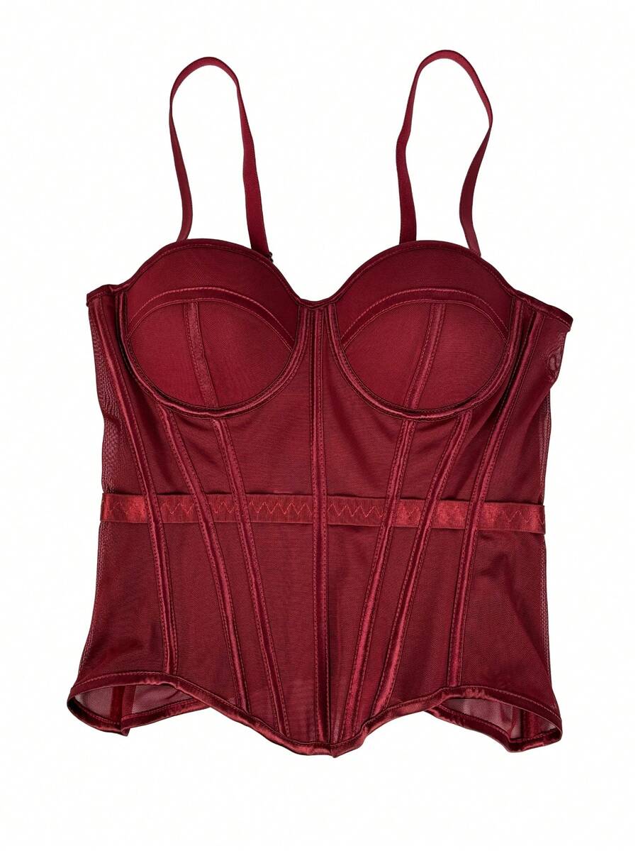 Women's brown backless corset camisole top featuring spaghetti straps, boned structure, and slim fit silhouette.