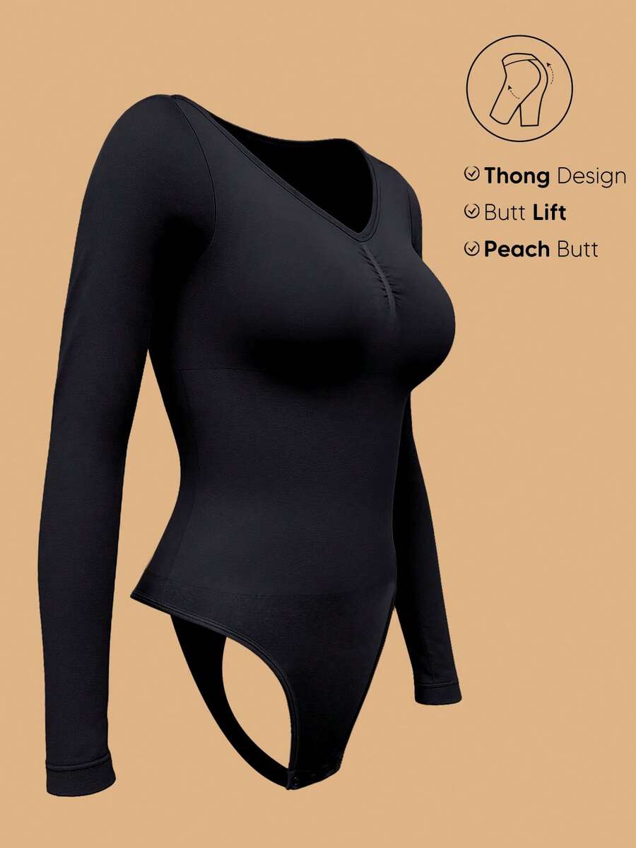 Women's long sleeve shapewear bodysuit featuring tummy control and waist training support