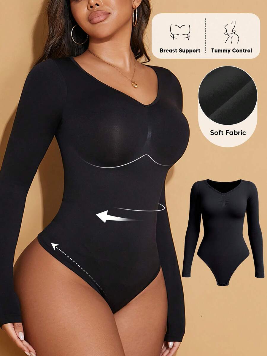 Women's long sleeve shapewear bodysuit featuring tummy control and waist training support