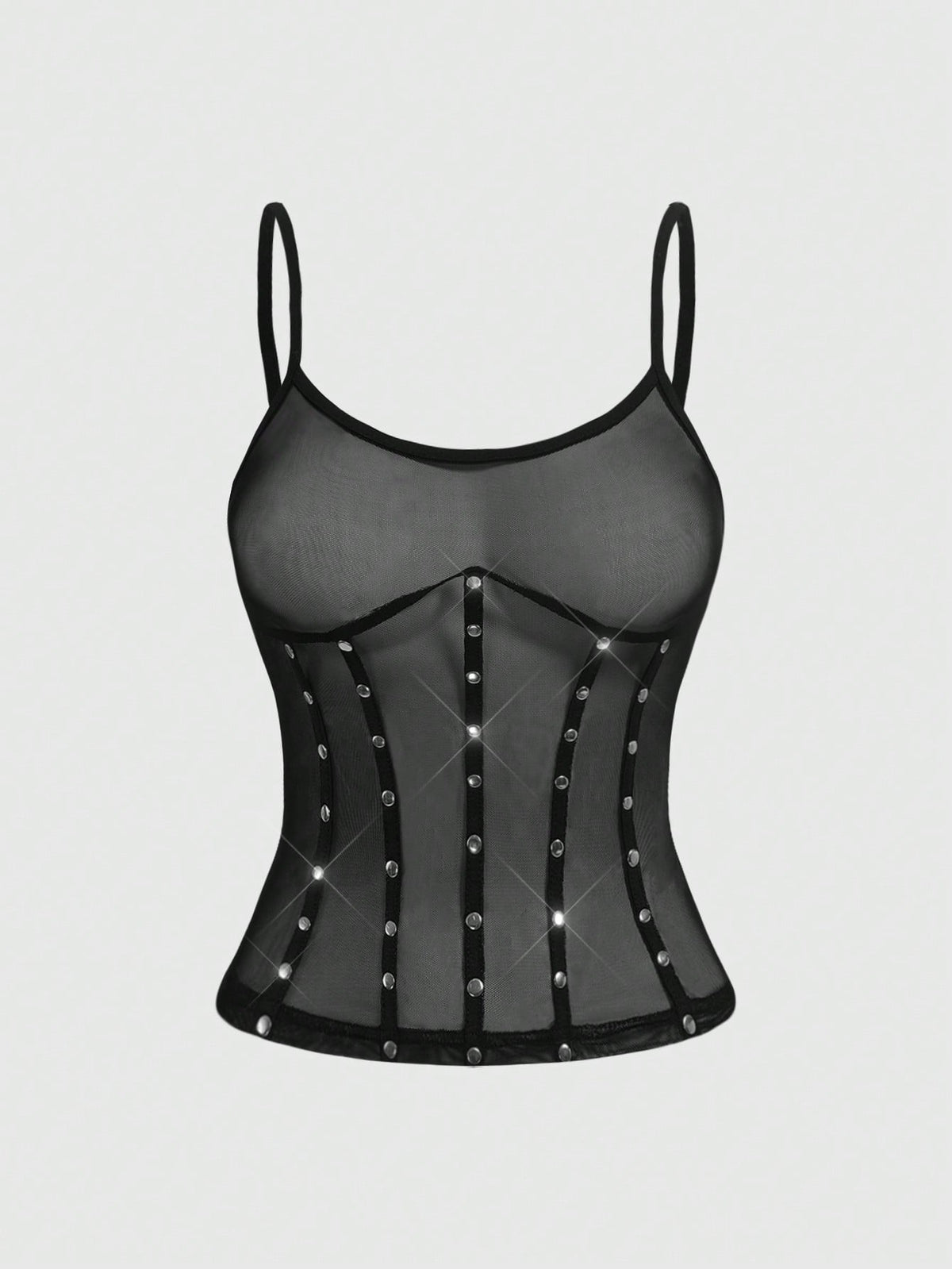Women's black sheer mesh camisole top with thin spaghetti straps and cut-out details.