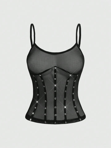 Women's black sheer mesh camisole top with thin spaghetti straps and cut-out details.