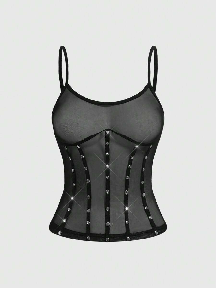 Women's black sheer mesh camisole top with thin spaghetti straps and cut-out details.
