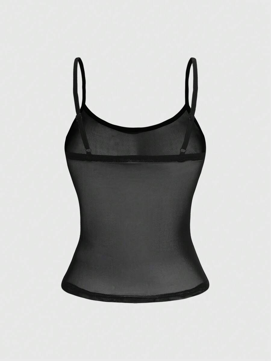Women's black sheer mesh camisole top with thin spaghetti straps and cut-out details.