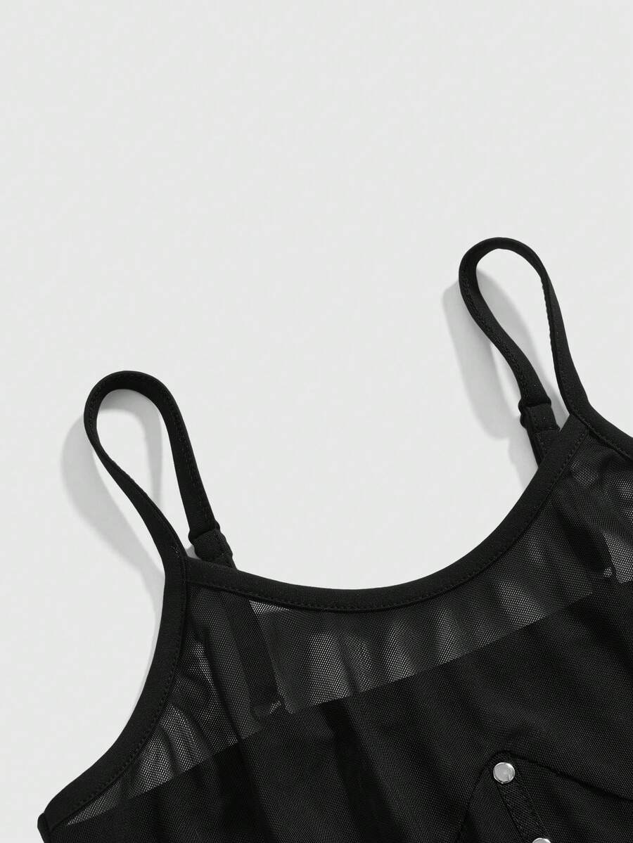 Women's black sheer mesh camisole top with thin spaghetti straps and cut-out details.