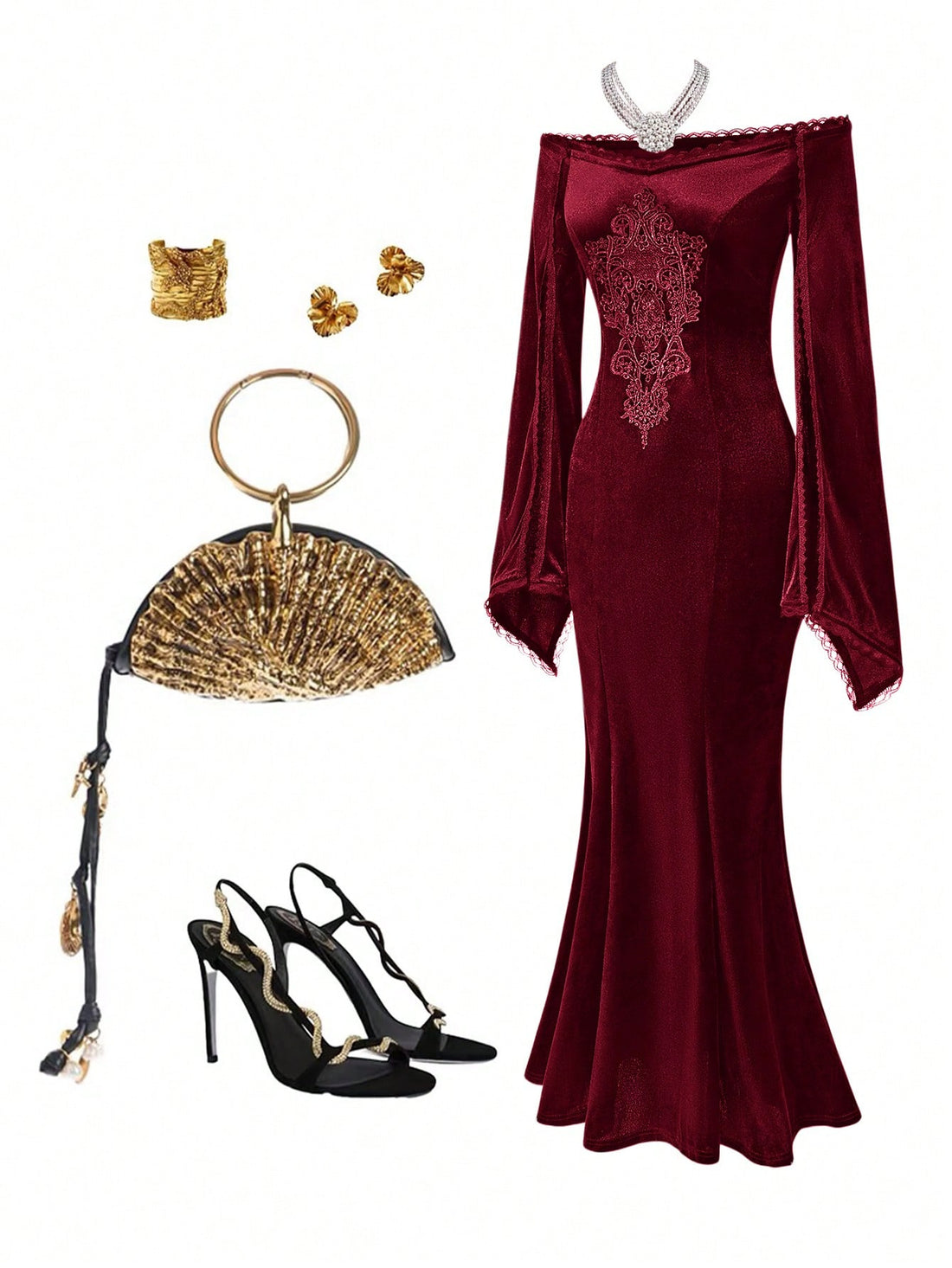 Burgundy off-the-shoulder long sleeve dress for women featuring a slim-fit bodycon silhouette, high waist, side split, and mermaid hem in knitted fabric.