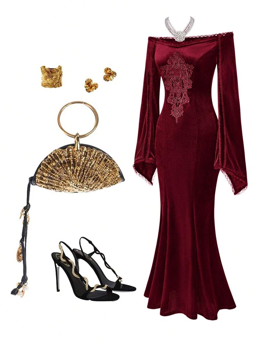 Burgundy off-the-shoulder long sleeve dress for women featuring a slim-fit bodycon silhouette, high waist, side split, and mermaid hem in knitted fabric.