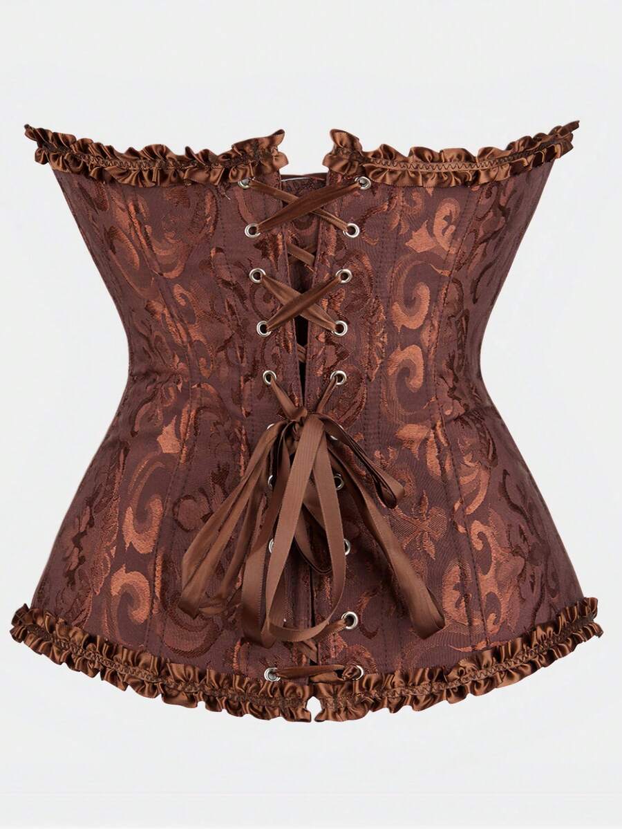 Baroque open bust corset top with boning, ruffle details, and grommet eyelet accents for waist shaping and bust support.