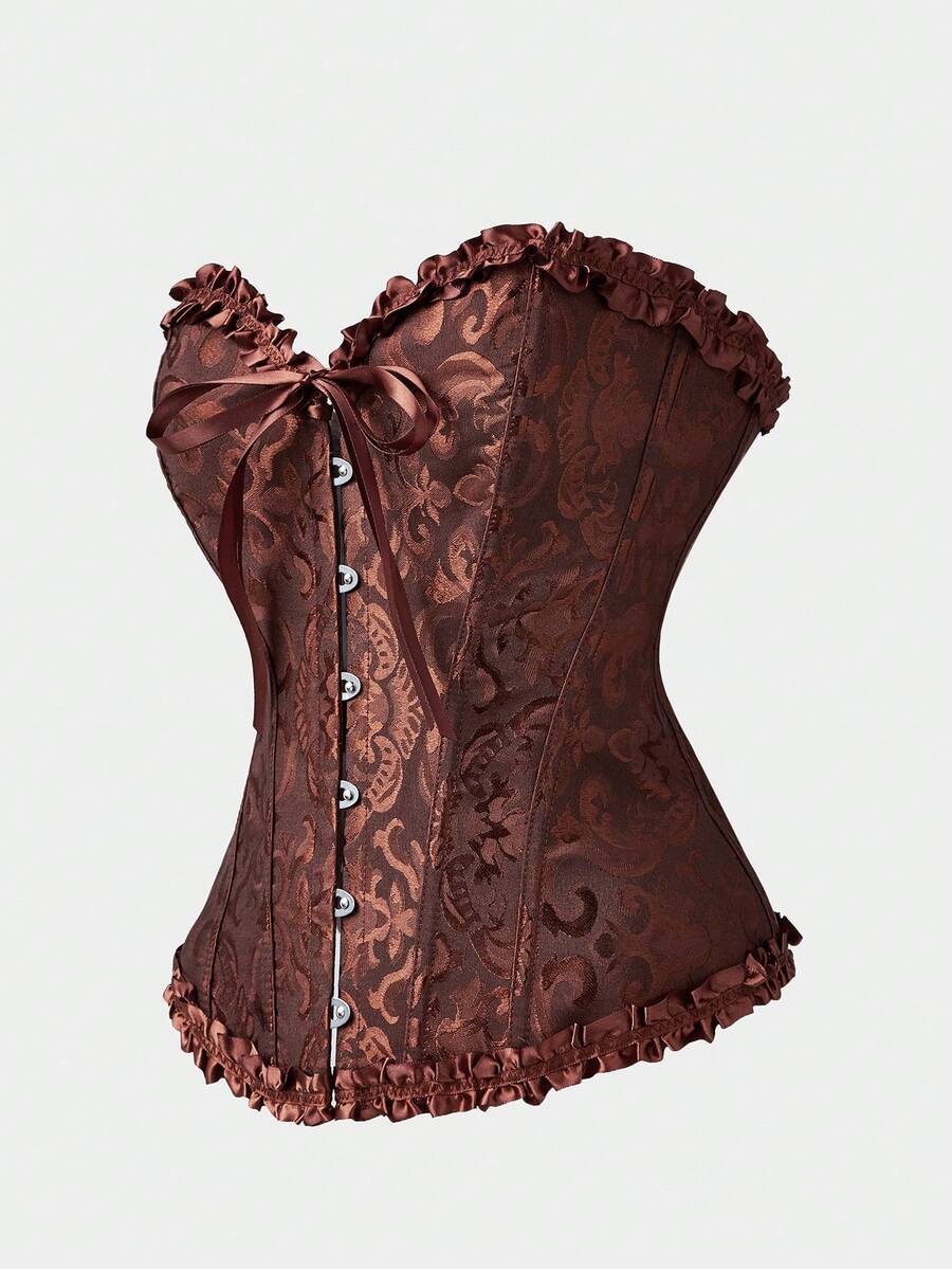 Baroque open bust corset top with boning, ruffle details, and grommet eyelet accents for waist shaping and bust support.