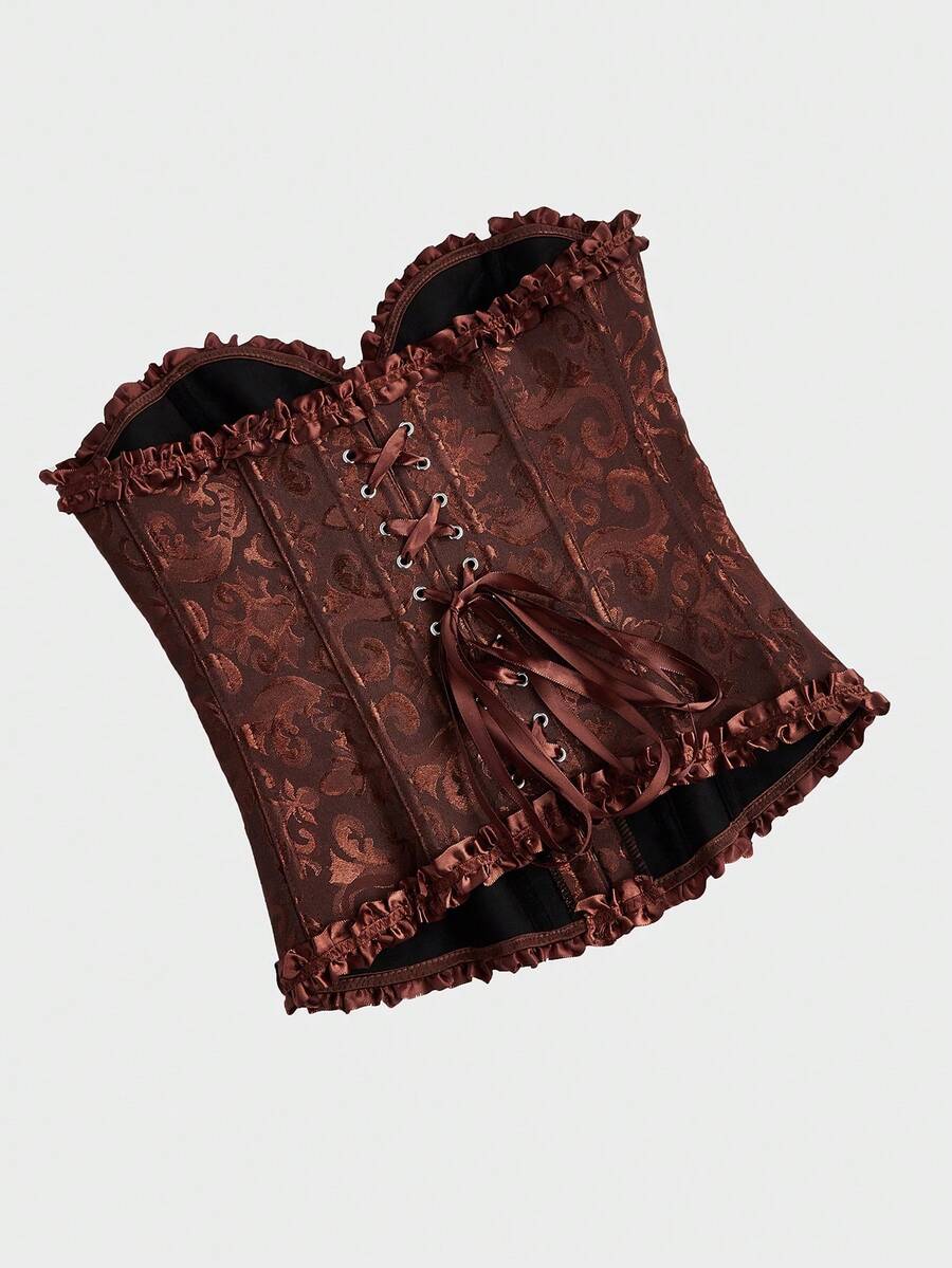 Baroque open bust corset top with boning, ruffle details, and grommet eyelet accents for waist shaping and bust support.