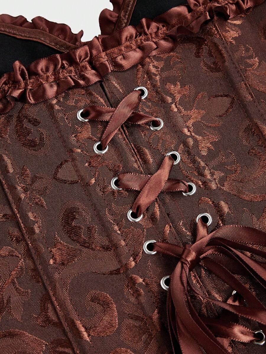 Baroque open bust corset top with boning, ruffle details, and grommet eyelet accents for waist shaping and bust support.