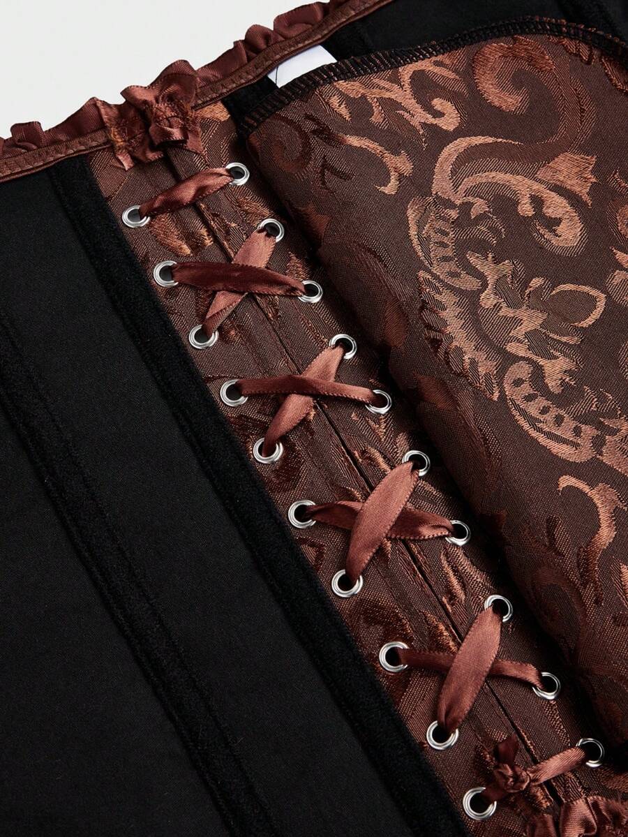 Baroque open bust corset top with boning, ruffle details, and grommet eyelet accents for waist shaping and bust support.
