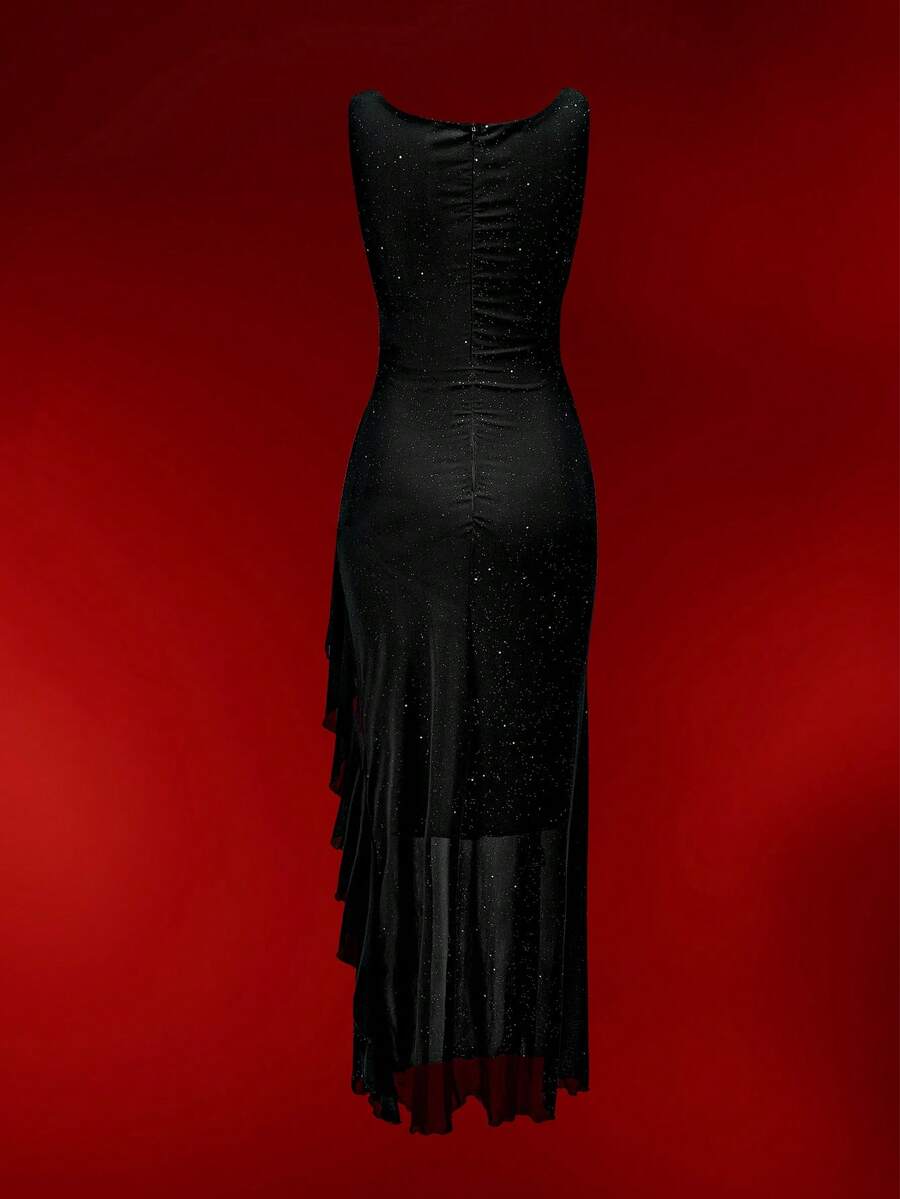 Women's black sleeveless rhinestone mesh maxi party dress with a V-neckline, high waist, and slim fit mermaid hem.