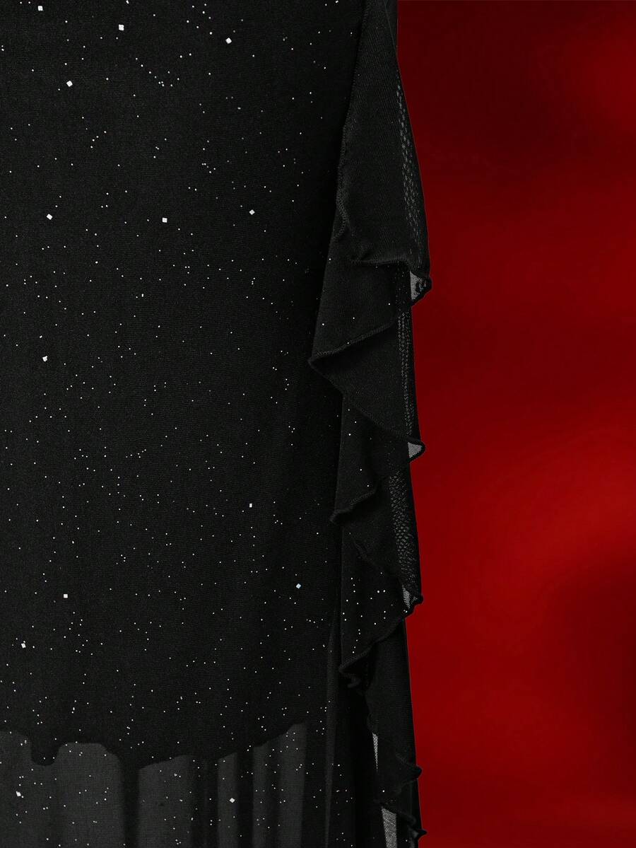 Women's black sleeveless rhinestone mesh maxi party dress with a V-neckline, high waist, and slim fit mermaid hem.
