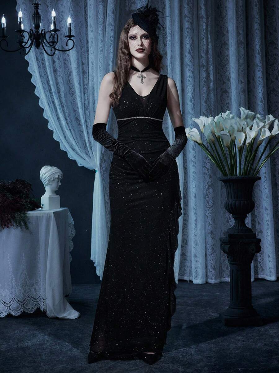 Women's black sleeveless rhinestone mesh maxi party dress with a V-neckline, high waist, and slim fit mermaid hem.