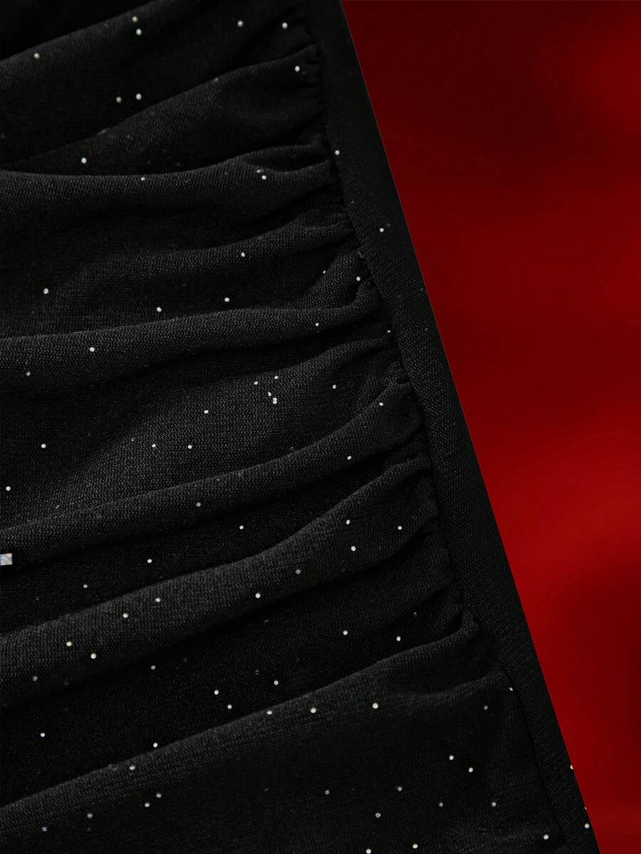 Women's black sleeveless rhinestone mesh maxi party dress with a V-neckline, high waist, and slim fit mermaid hem.