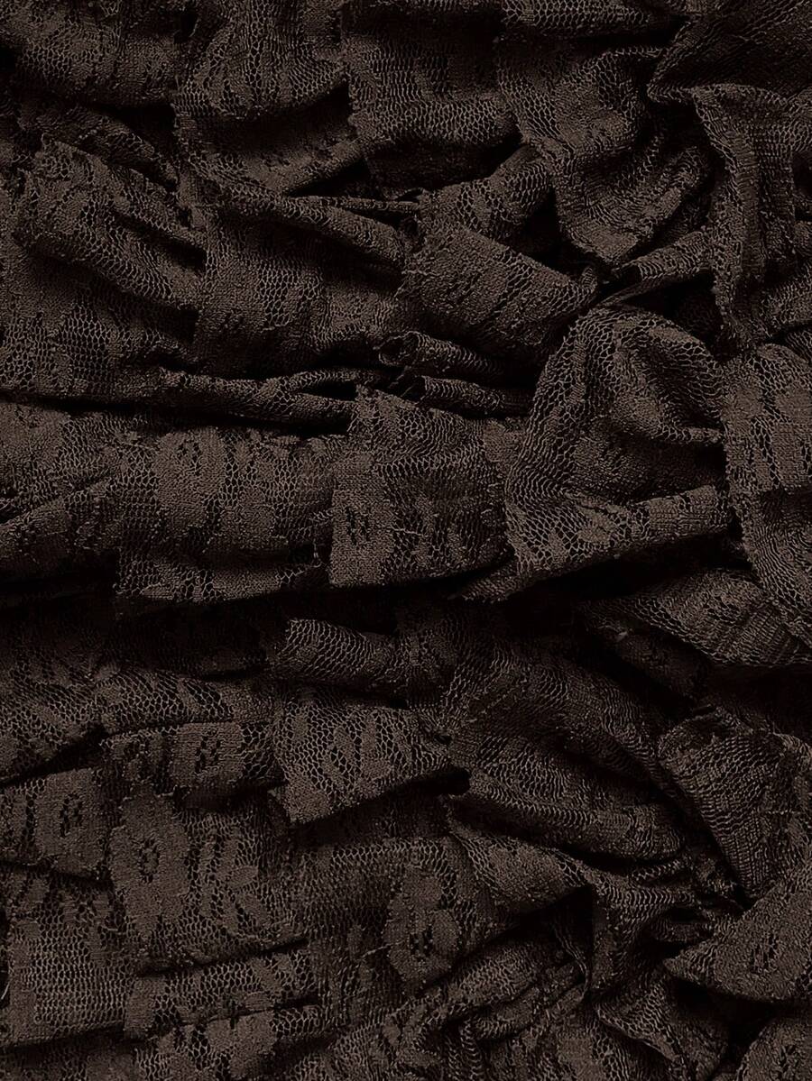 Apricot tiered lace ruffle hem low waist shorts for women featuring elastic waist and lined semi-sheer knit fabric.