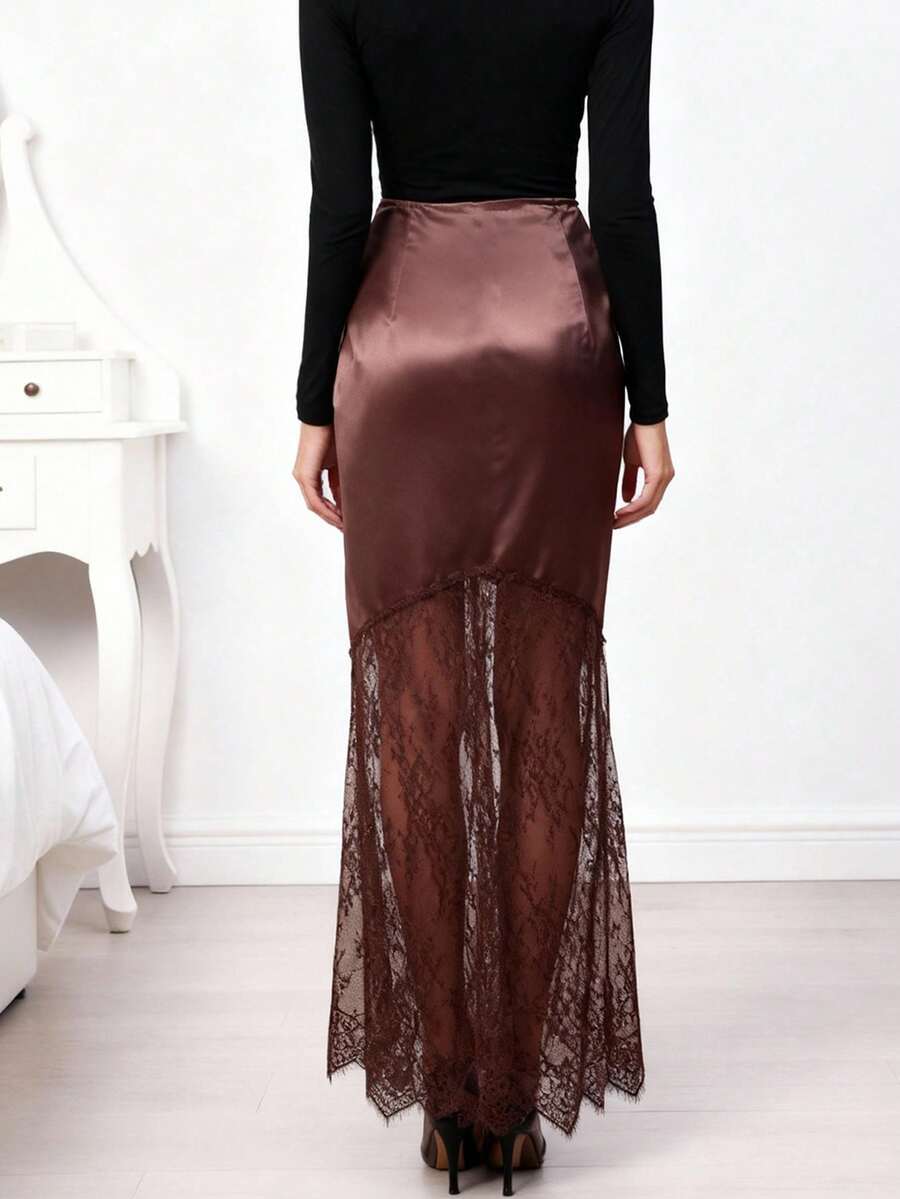 Women's black satin mermaid maxi skirt featuring elegant contrast lace details and zipper closure.
