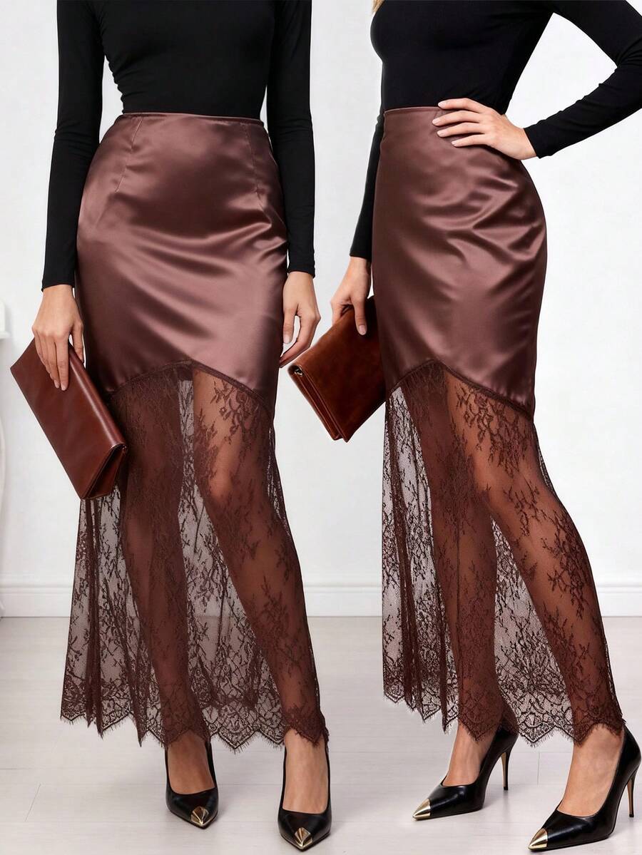 Women's black satin mermaid maxi skirt featuring elegant contrast lace details and zipper closure.