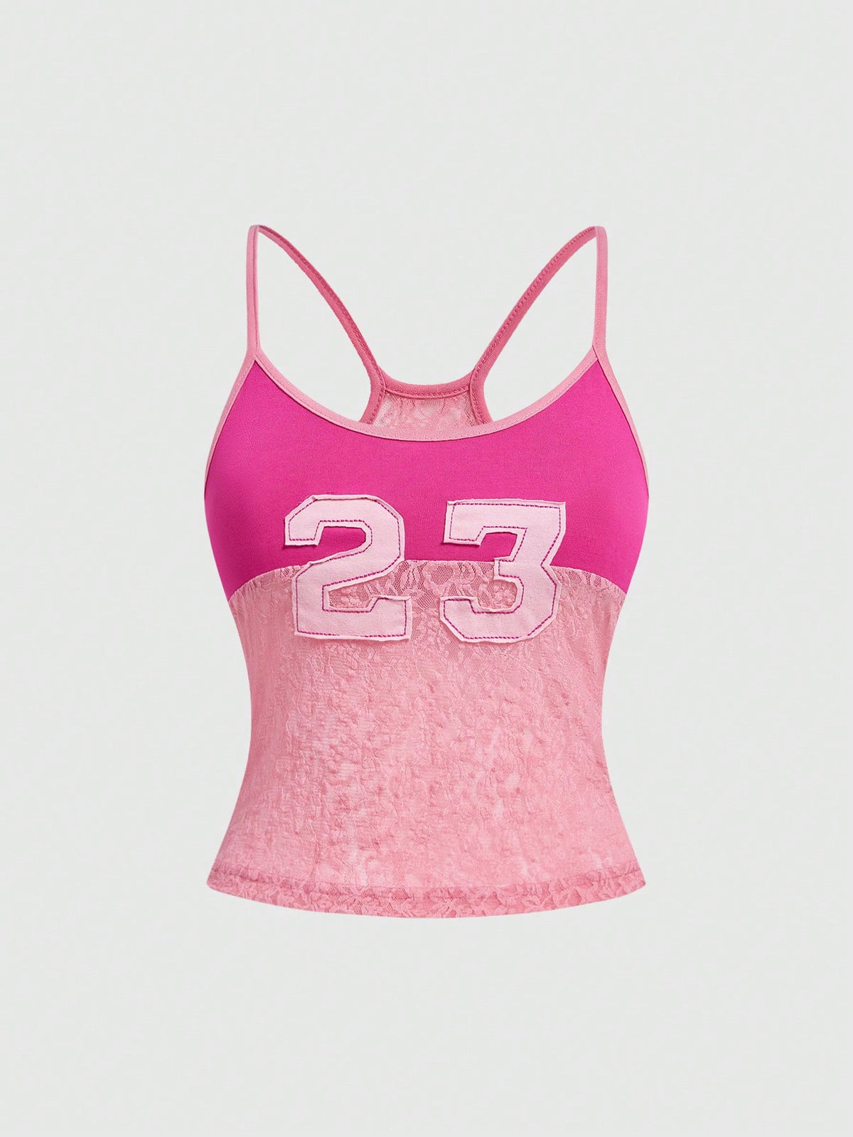 Women's hot pink contrast lace graphic embroidered camisole top featuring spaghetti straps, slim fit micro crop length, and semi-sheer unlined knitted fabric.
