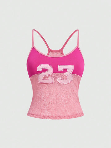 Women's hot pink contrast lace graphic embroidered camisole top featuring spaghetti straps, slim fit micro crop length, and semi-sheer unlined knitted fabric.