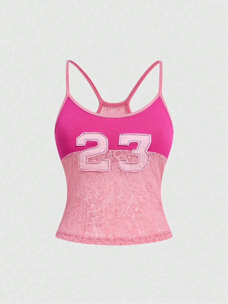 Women's hot pink contrast lace graphic embroidered camisole top featuring spaghetti straps, slim fit micro crop length, and semi-sheer unlined knitted fabric.