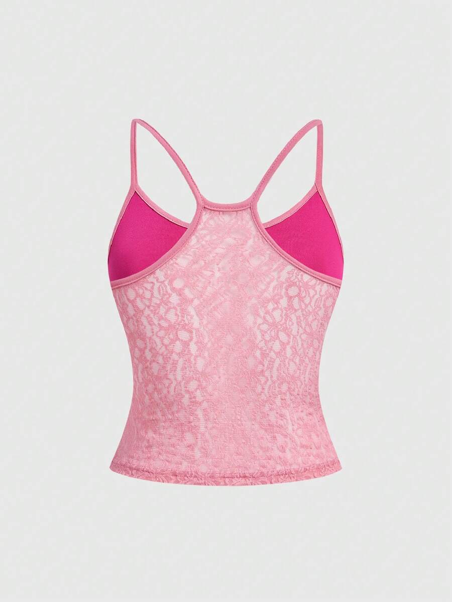 Women's hot pink contrast lace graphic embroidered camisole top featuring spaghetti straps, slim fit micro crop length, and semi-sheer unlined knitted fabric.