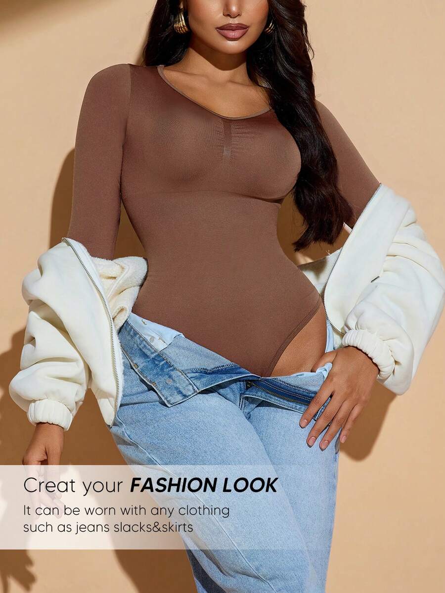 Women's long sleeve shapewear bodysuit featuring tummy control and waist training support