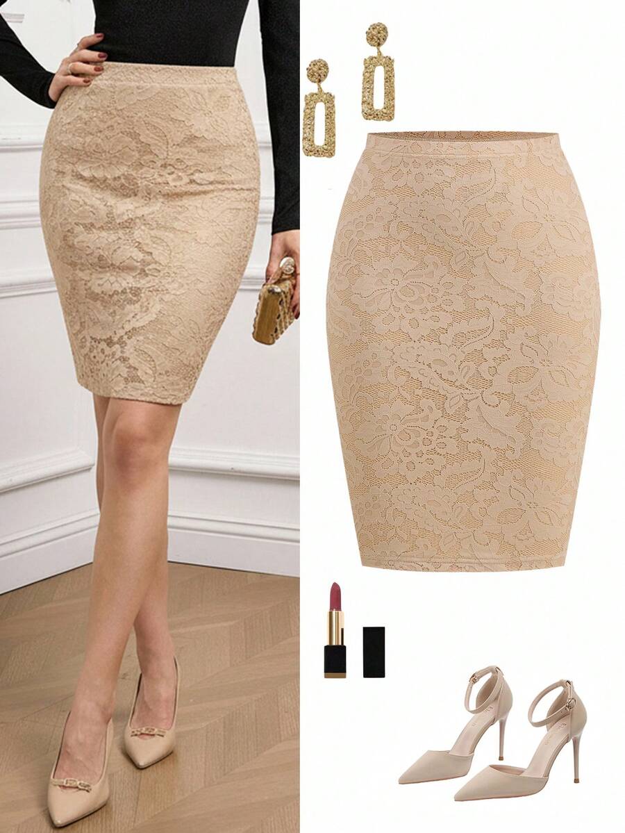 Women's high-waisted floral lace pencil skirt with knee-length cut and back split detail
