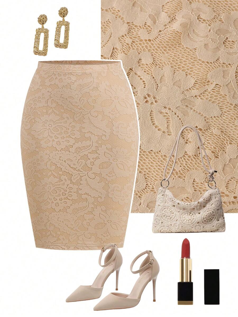 Women's high-waisted floral lace pencil skirt with knee-length cut and back split detail