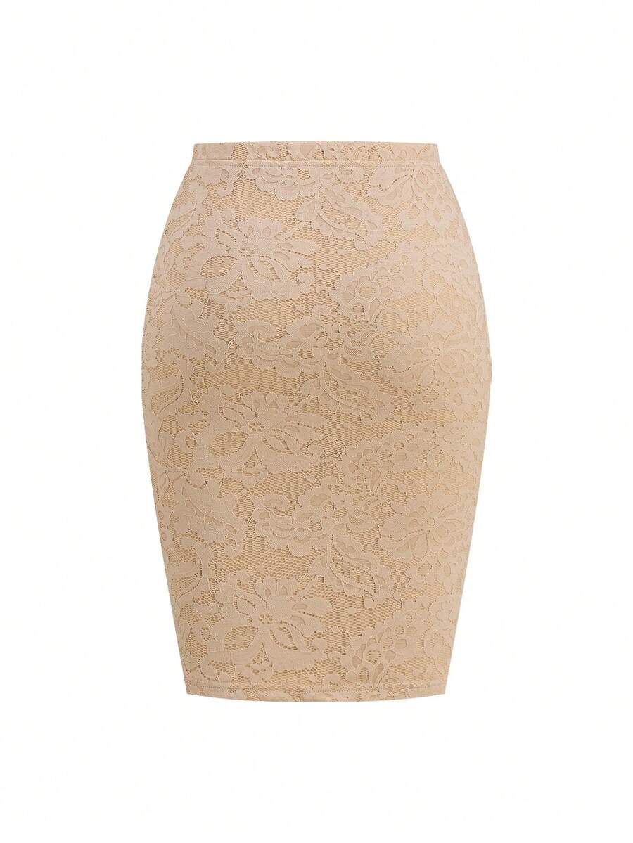 Women's high-waisted floral lace pencil skirt with knee-length cut and back split detail