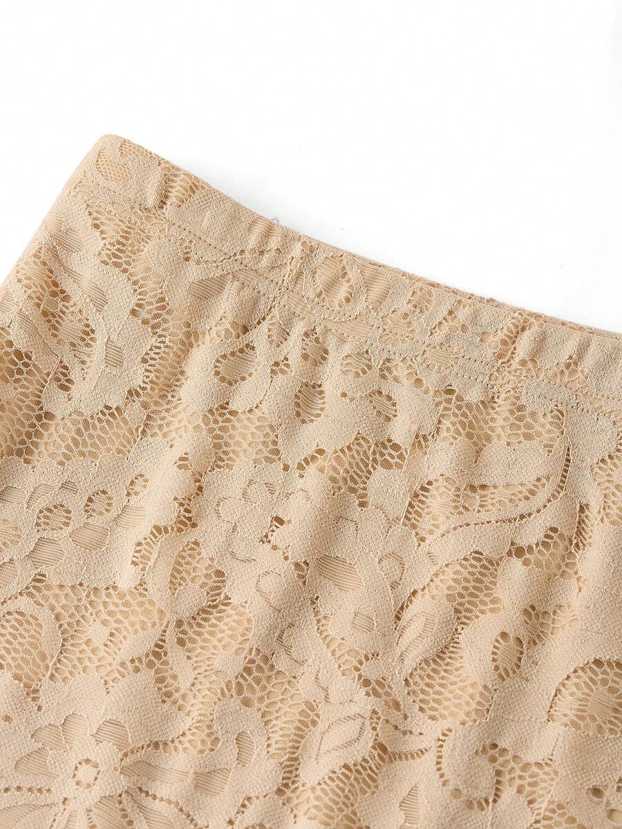 Women's high-waisted floral lace pencil skirt with knee-length cut and back split detail