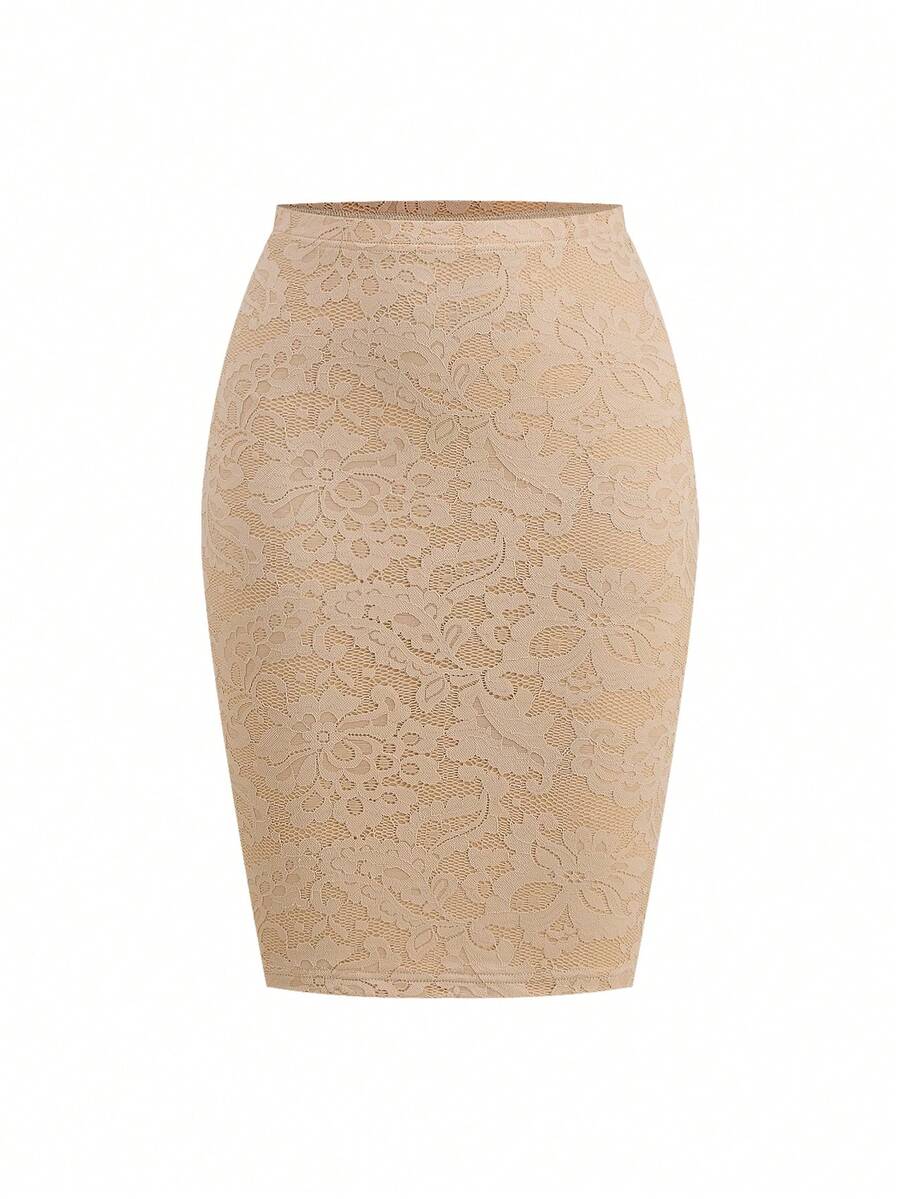 Women's high-waisted floral lace pencil skirt with knee-length cut and back split detail