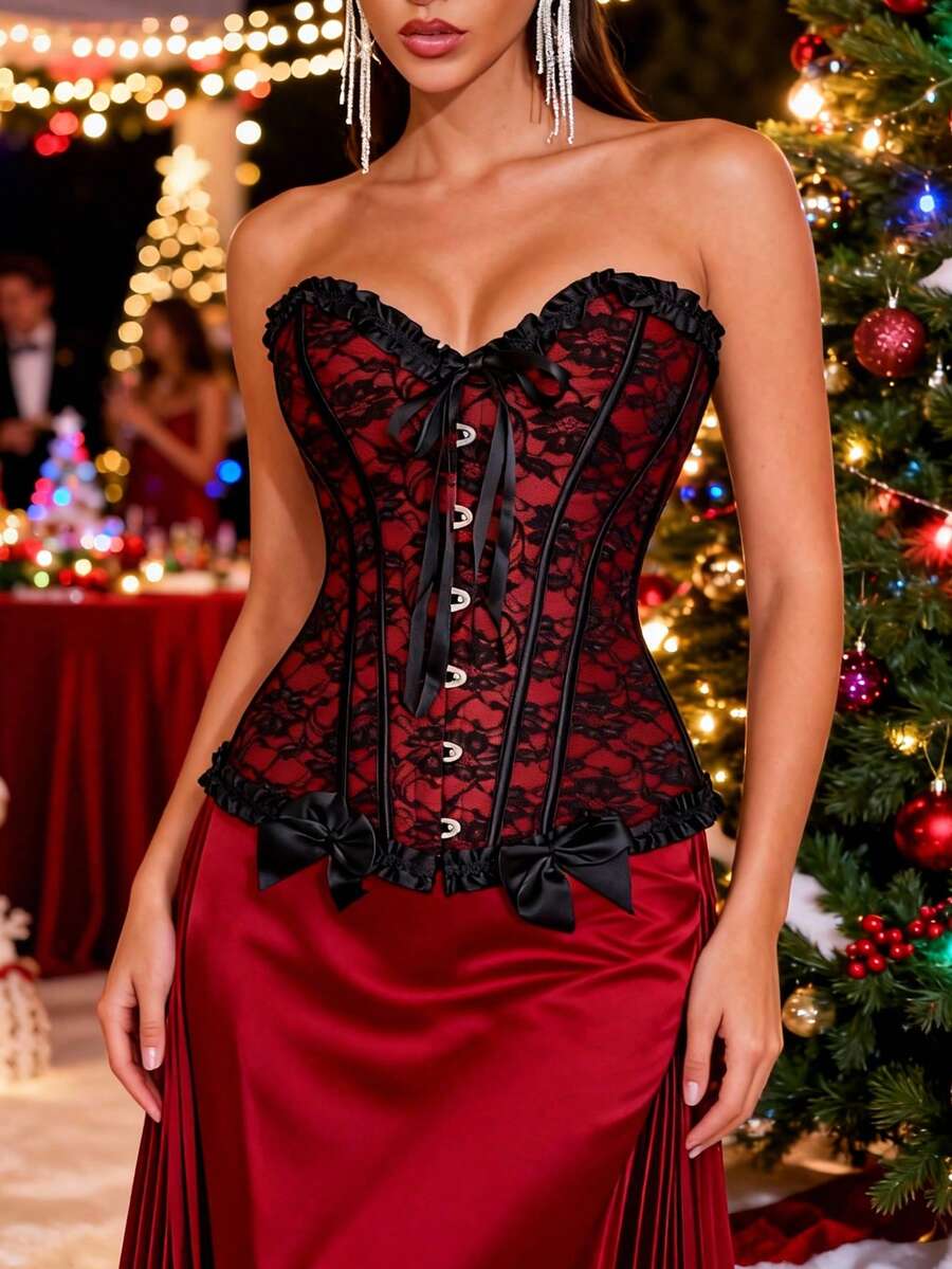 Women’s strapless corset bustier top with ruffle bow detail, boned structure, slim fit, and short tube design for party and occasion wear.