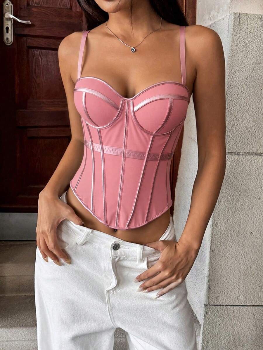 Women's brown backless corset camisole top featuring spaghetti straps, boned structure, and slim fit silhouette.