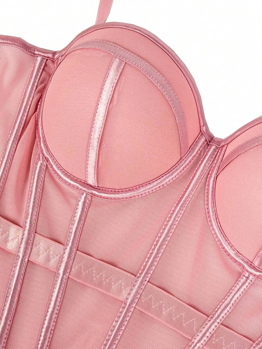 Women's brown backless corset camisole top featuring spaghetti straps, boned structure, and slim fit silhouette.