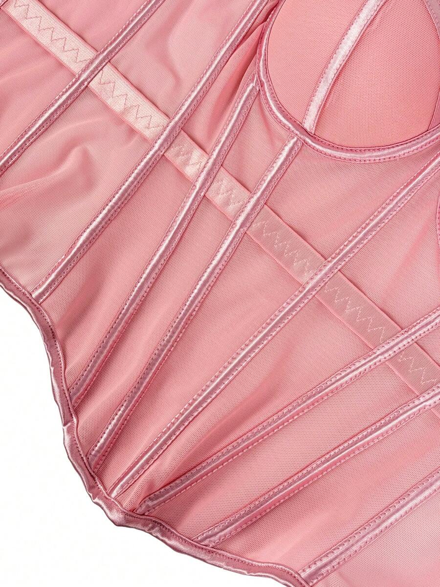 Women's brown backless corset camisole top featuring spaghetti straps, boned structure, and slim fit silhouette.