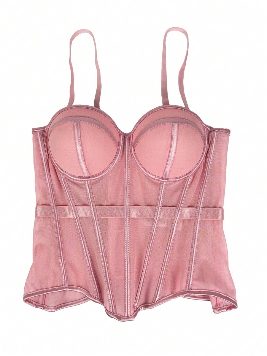 Women's brown backless corset camisole top featuring spaghetti straps, boned structure, and slim fit silhouette.