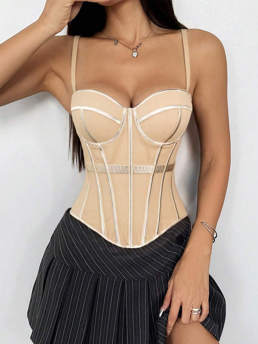 Women's brown backless corset camisole top featuring spaghetti straps, boned structure, and slim fit silhouette.